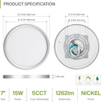 ASD LED 7" Round Flush Mount Ceiling Light Fixture, Low Profile Surface Lighting | 5CCT, Dimmable, Ultra-Thin, ETL Listed | 15W 1260LM 2700-6000K 120V | Kitchen, Bedroom, Hallway Lamp | Nickel