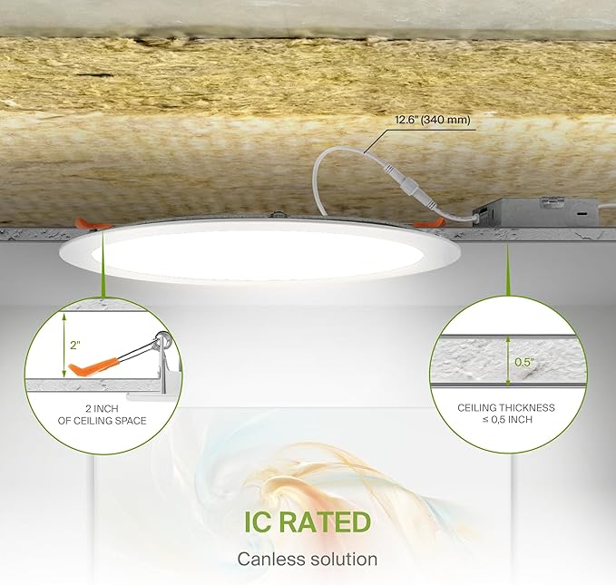 ASD 4 Pack 11/12 Inch LED Recessed Lighting 24W, 5 CCT 2700K-5000K CRI90+, IC Rated Ultra Thin Dimmable Ceiling Lights with J Box, Canless Wafer Downlight, Round Slim Panel Light, UL Listed, White