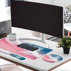 Britimes Blue Sea Keyboard Mouse Pad Set Pink Sand Beach 4in1 Large Mousepad+Keyboard Wrist Rest+Mouse Wrist Rest+Coaster Set with Ergonomic Design for Home Office Computer 35.4x15.7 inches