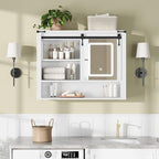 QUW 31" Farmhouse Bathroom Wall Cabinet, Bathroom Medicine Cabinets with Mirror, Over Toilet Wall Storage Cabinet, 3 Lighting Modes, Adjustable Brightness, Jewelry Holder, Sliding Door, White