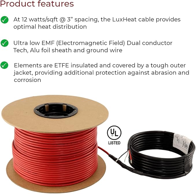 LuxHeat 40sqft Floor Heating Cable Kit - 240v Electric Heating Floor System - Heated Flooring System Includes UDG4 Programmable Thermostat w/GFCI, Heater Cable, Strapping, Flooring Sensor & Alarm