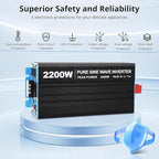2200W Pure Sine Wave Inverter,1 USB Port 5v/2.4a,LCD Display&Remote Controller for Home, RV, Truck