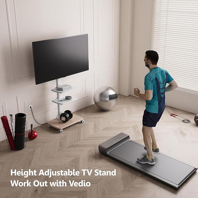 FITUEYES Rolling TV Stand with Power Outlets, Swivel Portable TV Stand for 32-70Inch LCD LED OLED Flat/Curved Panel Screen TVs, Height Adjustable&Wood Base, Mobile TV Cart with 2 Shelves