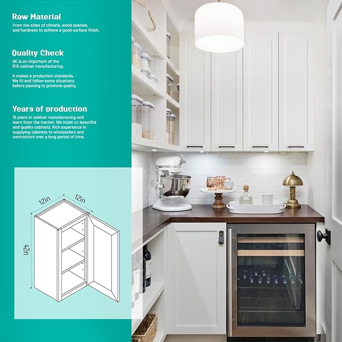 Wall Kitchen Cabinets, RTA Cabinets, White Shaker Cabinet, Wall Mounted, RTA Upper Cabinet, Modern for Kitchen and Bathroom with Door (White, 12" W x 42" H x 12" D)