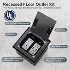 Vagueior Recessed Flat Hidden Floor Electrical Outlet Box Kit,Stainless Steel Cover with 4 * 20A Tamper-Resistant Receptacle Outlet and 5V/4.8A USB Port,UL Certified,Black
