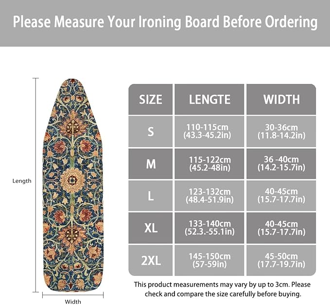 ZCFYGDX Vintage Flower Print 14 x 45 Ironing Board Covers Nylon Buckle Straps Fasteners & Elastic Edge Stain Resistant Breathable,Suitable for Multi-Size Iron Board Relaxing Ironing Experience