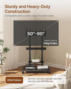 ECOTINY Steel Base Rolling TV Stand with Soundbar Mount for 50-90 inch TVs up to 154lbs, Swivel&Tilt Mobile TV Stand with Large Storage, Height Adjustable Heavy-Duty TV Cart, Max VESA 600x400mm, Black