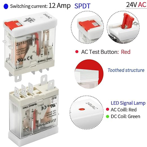 6 Pcs 24VAC Relay Electromagnetic Power Relay 12 Amp 5Pins SPDT 1NO 1NC with Test Button, Indicator Light Module and Socket Base