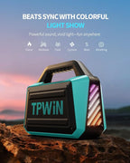 TPWIN Powerful 80W Outdoor Bluetooth Speaker: IPX6 Waterproof, Rugged, 20H Playtime, Deep Bass, Lightshow, TWS, BT 5.3 Wireless, Portable for Travel Hiking Camping Beach Pool - Teal