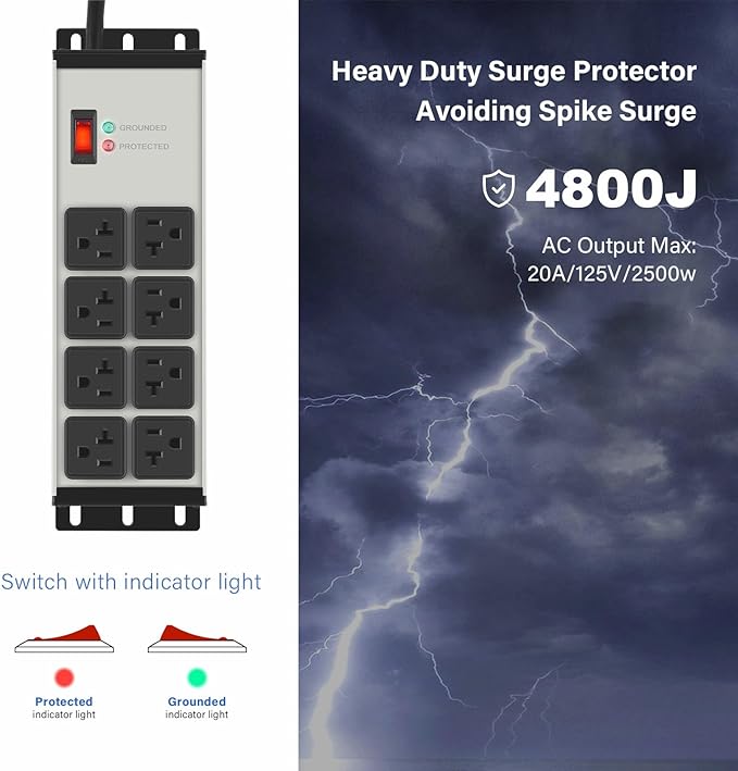 CCCEI Grey Heavy Duty Power Strip Surge Protector 20 AMP, 8 Outlets 12 Gauge Industrial Shop Garage Metal Multiple Outlets, 4 FT Extension Cord 5-15P Adapter High Amp 6-20R T-Slot 20a for Appliance