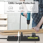 JUNNUJ Heavy Duty Metal Power Strip 20 Amp, High Amp Surge Protector 6 Outlet, 20A Power Strips Workshop Industrial Outlets Wide Spaced 6-20R T-Slot with Circuit Breaker, 12 Gauge Extension Cord 15ft