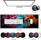 Ergonomic Keyboard Wrist Rest & Mouse Pad Wrist Rest Set, Large XXL Gaming Desk Mat 31.5"x 11.8" with Memory Foam, Easy Typing Pain Relief for Office & Home, Colored Skull
