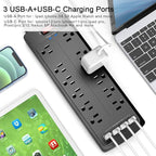Power Strip, Nuetsa Surge Protector with 12 Outlets and 4 USB Ports, 6 Feet Flat Plug Extension Cord (1875W/15A) for for Home, Office, Dorm Essentials, 2700 Joules, ETL Listed (Black)