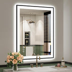 YEELAIT 28x36 Inch LED Bathroom Mirror with Lights (Front Lit and Backlit) Black Framed Lighted Vanity Mirror for Bathroom Wall Dimmable Anti-Fog Memory Tempered Glass Horizontal/Vertical