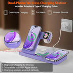 Dual Phone Magnetic Wireless Charging Station for Apple Devices/Apple Ecosystem,with Auto-Switch 7-Color Light & Clock, Compatible with iPhone 17/16/15, for iWatch 11/10/9 & AirPods Pro3（Puple