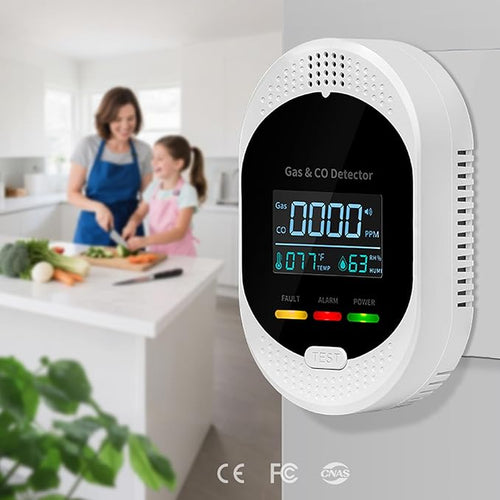 4PCS 4-in-1 Carbon Monoxide & Natural Gas Detectors with Temperature/Humidity LCD Display, Plug in Co Leak Detector Propane Monitor for Home Travel RV Essentials, Sound Alarm Over 85dB