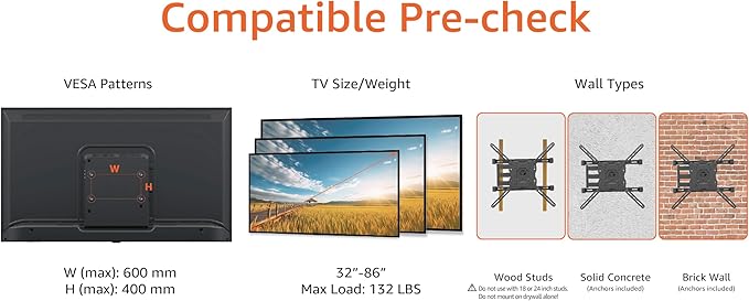 Amazon Basics Full Motion TV Wall Mount with Horizontal Post Installation Leveling for 32 to 86 inch TVs, Black