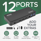 Plugable USB C Triple Display Docking Station | 100W PD, 3x HDMI (1x 4K 30Hz, 2x 1080p 60Hz), 6x USB 5Gbps Ports | Windows, macOS, ChromeOS Compatible - Enhance Productivity with Multi-Monitor Support