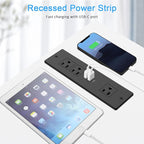 Recessed Power Strip, Furniture Plug in 3 Outlets & Fast Charging 20W PD USB-C Port & 18W/3A QC3.0 USB-A Ports Drawer Outlet with 10 FT Flat Extension Cord, Desk Grommet Outlet for Table Top Black