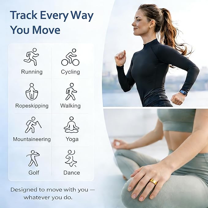 Smart Ring Health & Fitness Tracker for Men & Women, Heart Rate, SPO₂, Sleep & Activity Monitoring, IP68 Waterproof, Long Battery Life, Family Care Mode, No Subscription Fee (Gold, 7)