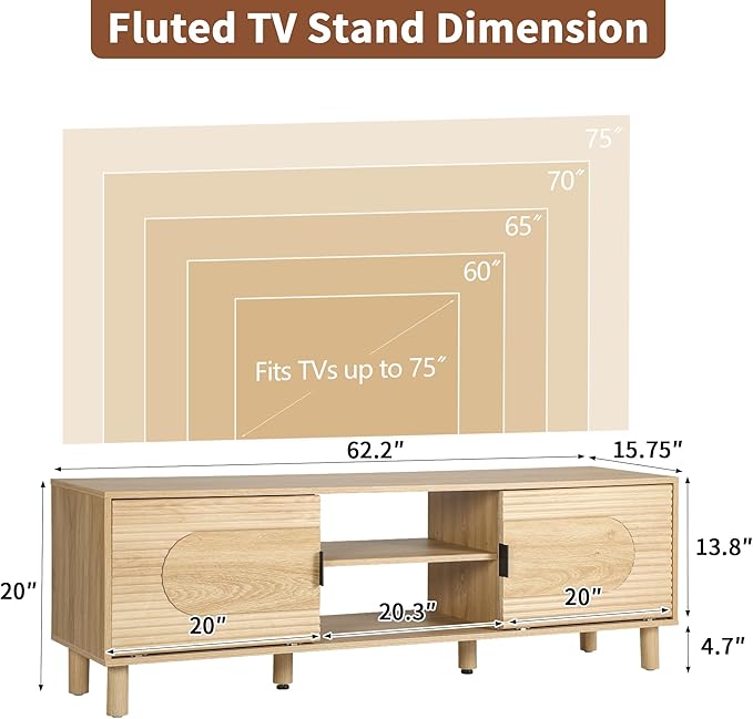 Bifins 63inch Wood TV Stand for Televisions up to 70 Inches,Mid Century Modern Entertainment Center TV Console Table with Storage and Shelf for Living Room Bedroom (Natural Oak)