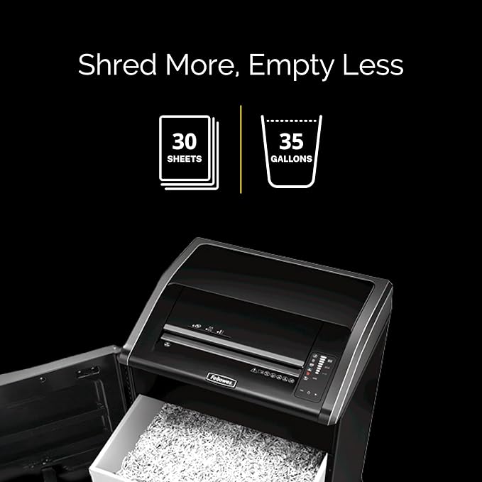 Fellowes Powershred 485Ci 100% Jam Proof Commercial Grade, Quiet Operation 30-Sheet Cross-Cut Paper Shredder, TAA Compliant (38485), Black