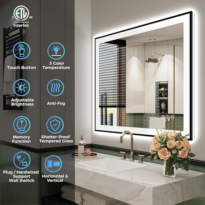 YEELAIT 24x30 Inch LED Bathroom Mirror with Lights (Front Lit and Backlit) Black Framed Lighted Vanity Mirror for Bathroom Wall Dimmable Anti-Fog Memory Tempered Glass Horizontal/Vertical