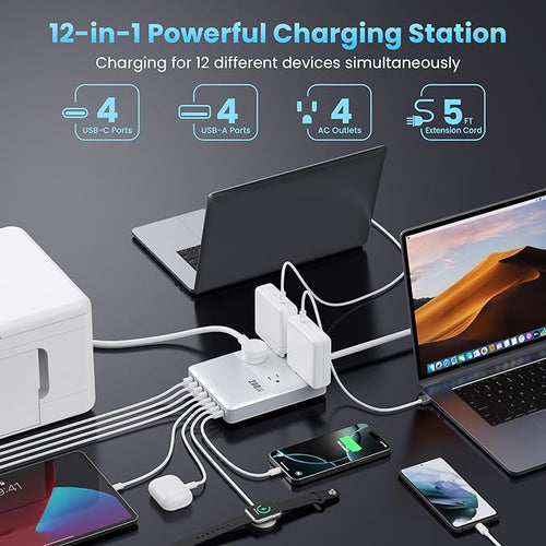 12-in-1 Charging Station USB C Power Strip with 5ft Cord,200W GaN IV USB C Charger Block,4 AC Outlets,8 USB for MacBook,iPhone 16/15/14,Fast Charging Desktop Charger for Office (A-White)