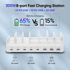 300W Charging Station for Multiple Devices, 8 Port Multi USB C Fast Charger Station Dock for MacBook iPhone 17/16/15/14/13/12 Samsung Pixel Series iPad, White (6 Mixed Short Cables Included)