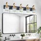 FDPBY Modern Bathroom Vanity Light, 5-Light Black Gold Wall Sconce with Crystal Accents, Over Mirror Bathroom Lighting Fixture, 42.52" Long Dimmable Vanity Lamp for Makeup, Easy Installation