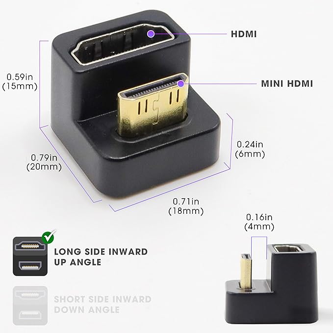 Kado 180 Degree Mini HDMI to HDMI 4K 60Hz Adapter U Shaped Mini HDMI Male to HDMI Female Extender Converter for Portable Monitor, Laptop, Tablet, Camera and Projector (Long Side Inward Up Angle)