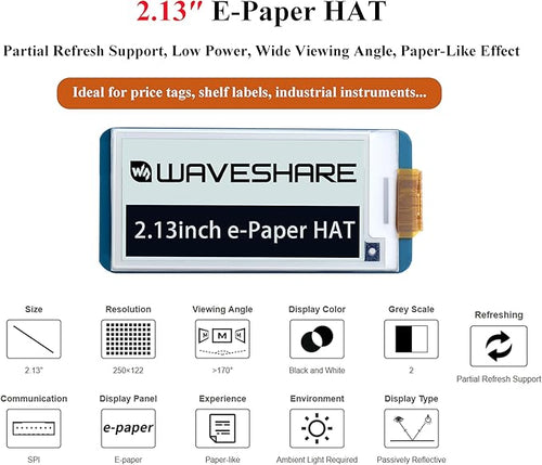 2.13inch E-Ink Display HAT V4 Version, Black/White Two-Color 250x122 Pixel E-Paper Module for Raspberry Pi 5/ 4B/3B+/3B/2B/A+/Zero W/WH/Zero 2 W/Jetson Nano SPI Interface, Support Partial Refresh