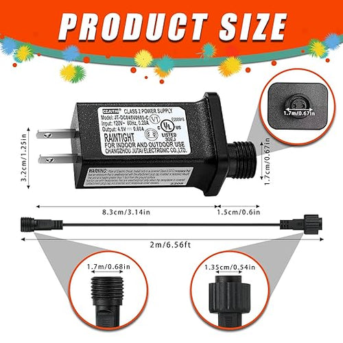 4.5V 0.6A Controller with Extension Cable, Replacement Model JT-DC045V0600-C Class 2 Power Supply IP44 LED Light Controller Low Voltage Transformer for Christmas LED String Light