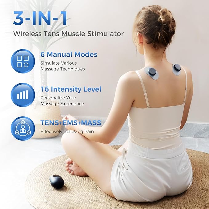 KingPavonini Wireless TENS Unit, Muscle Stimulator for Pain Relief, Portable Rechargeable TENS EMS Machine, LED Screen, Remote, Dual Channel 6 Modes 16 Intensity Massager, Charging Case (Blue)