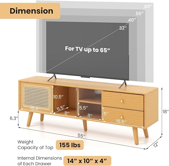 Giantex Mid Century Modern TV Stand for TVs up to 65", Wood Entertainment Center with Open Storage Shelves, PE Rattan Sliding Doors & Drawers, Media TV Console Table for Living Room (Natural)