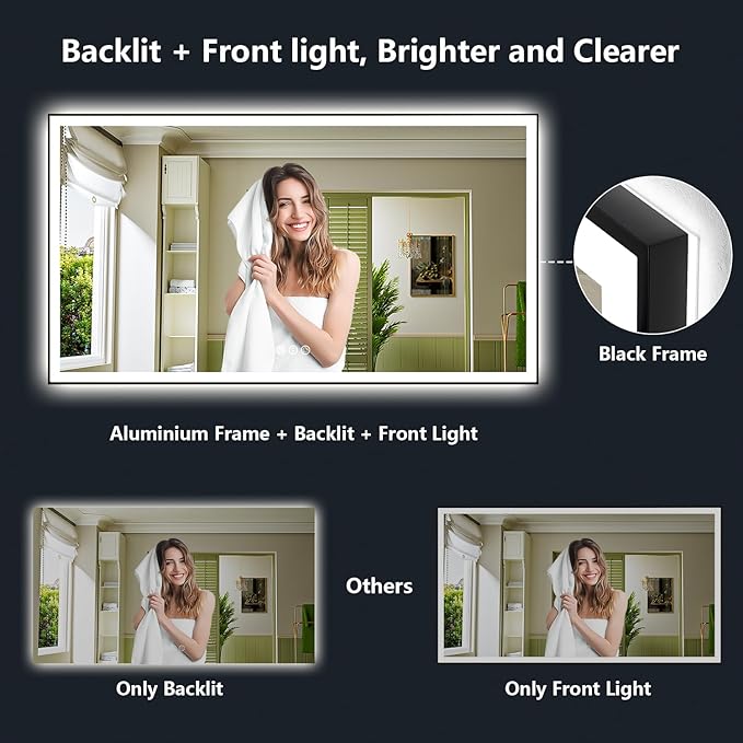 YEELAIT 60x38 Inch LED Bathroom Mirror with Lights (Front Lit and Backlit) Black Framed Lighted Vanity Mirror for Bathroom Wall Dimmable Anti-Fog Memory Tempered Glass Horizontal/Vertical