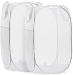 Handy Laundry Collapsible Mesh Pop Up Hamper with Wide Opening and Side Pocket - Breathable, Sturdy, Foldable, and Space-Saving Design for Clothes and Storage (White | 2-Pack)