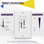 ENERLITES 3 Speed Ceiling Fan Control and LED Dimmer Light Switch, 2.5A Single Pole Light Fan Switch, 300W Incandescent Load, No Neutral Wire Required, 17001-F3-W, White