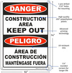 Brimar - 10" x 14" - Bilingual Danger Construction Area Keep Out Sign - .055″ Polyethylene Plastic - Bold Text - Easy Installation