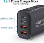 TT&C USB C Block 40W, 4 Ports Wall Plug Fast Charging Block, PD+QC Multiport Power Adapter USB C Charger Type C for iPhone 17, 17 Air, 17 Pro, 17 Pro Max, 16,15,14,13,12, Galaxy Phones-(Black 2Pack)