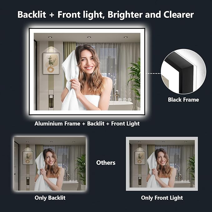 YEELAIT 48x36 Inch LED Bathroom Mirror with Lights (Front Lit and Backlit) Black Framed Lighted Vanity Mirror for Bathroom Wall Dimmable Anti-Fog Memory Tempered Glass Horizontal/Vertical