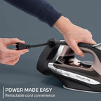 Rowenta Access Stainless Steel Soleplate Steam Iron with Retractable Cord, Powerful Steam Diffusion, Auto-Off and Anti-Drip, 1725 Watts, Black Clothes Iron, DW2459
