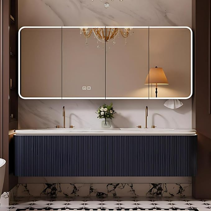 Bathroom Vanity with Double Sinks - LED Smart Defogging Mirror & Equipped with Tissue Hole | Modern Double Sink Bathroom Cabinet, 2 Drawers & Wavy Panel, Dark Blue (Mirror Cabinet, 72IN)