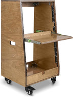 Sound Town DIY Slanted 16U Studio Rack (8U Top + 8U Lower), with 2U Bottom Storage, Slide-Out Tray, Caster, Plywood, Weathered Brown For Recording Room, Home Studio (SDRK-ST16TB)