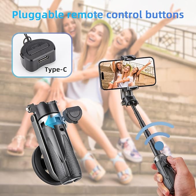 MQOUNY for Magsafe Tripod Stand for iPhone,Portable Pocket Size Selfie Stick with Rechargeable Remote and Metal Ring,Extendable Detachable Cell Phone Tripod Compatible with iPhone/Android