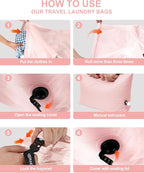 Travel Laundry Bag, Pump Free Vacuum Storage Bag Reusable Compression Dirty Clothes Travel Bag Waterproof Wet Dry Bags Large Capacity Space Saver Bags Camp Clothes Organizer (1 Pcs)(Pink, L)