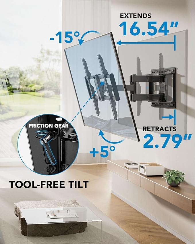 Pipishell Full Motion TV Wall Mount for 42-85 inch Flat Screen LED TV up to 132lbs Swivel Dual Articulating Arms Mount, Tool-Free Tilt Bracket Max VESA 600x400mm, Fits 8” 12” 16" Wood Studs