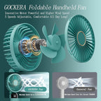 GOCKERA Portable Fan, 4200mAh Battery Operated Fan, 5 Speeds&Digital Display, Makeup Fans for Women with Base, 180°Foldable 3in1 Handheld/Neck/Desk Fan for Outdoor Indoor,Ultra Quiet (Green)