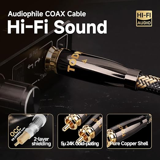 TODN Audiophile Digital Coaxial Cable HiFi SPDIF Coax Audio Cable 75-Ohm RCA Male to Male for Subwoofer, TV, Apm (4.9ft /1.5m)