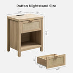 SICOTAS Night Stand with Charging Station - Rattan Nightstand with Type-C and USB Ports, Farmhouse Boho Bed Side Table with Drawer and Open Shelf for Bedroom Small Space, Light Oak